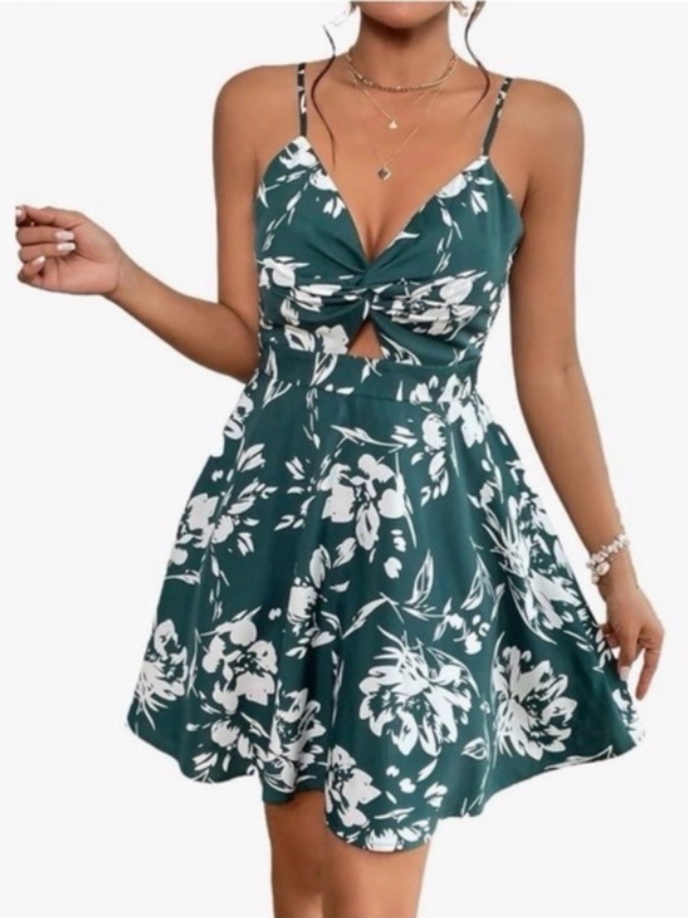 Green Twist-Front Mini Dress with Spaghetti Straps